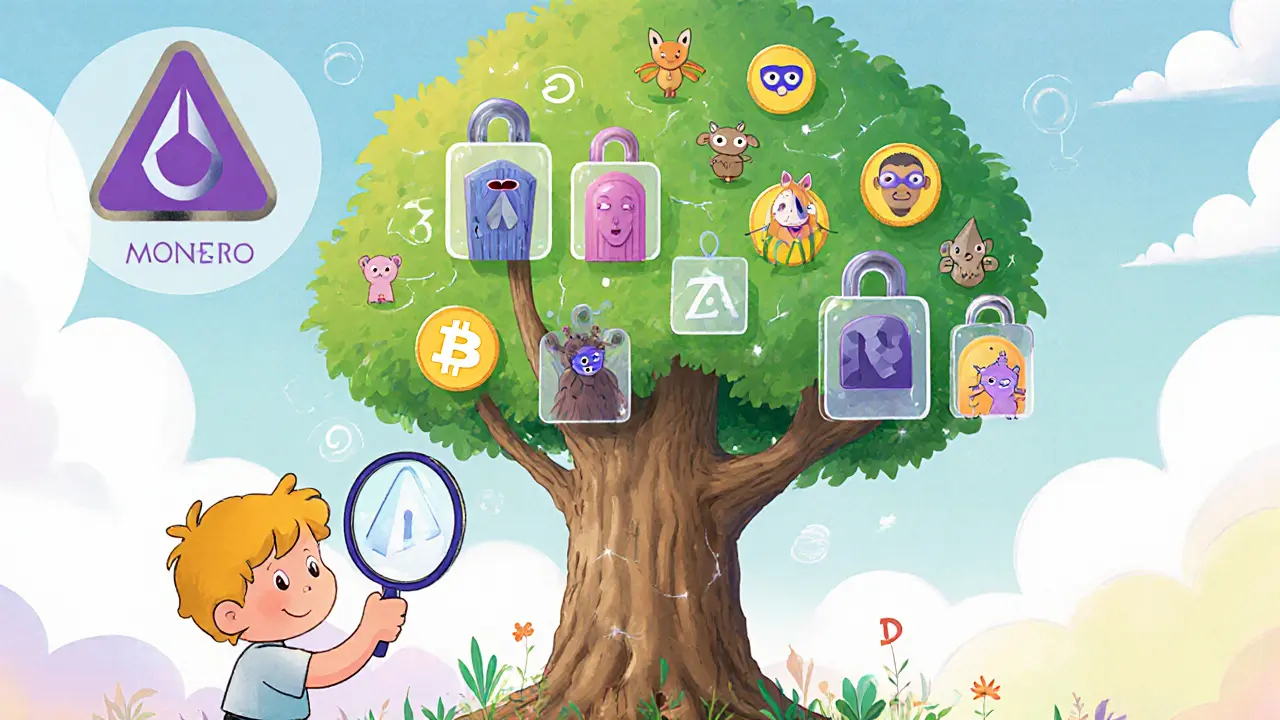 A child examines a blockchain tree where Monero’s branch hides its coins behind masks and doors, unlike transparent rivals.