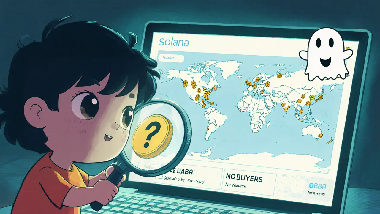 A child uses a magnifying glass to examine a screen showing $BABA tokens vanishing on Solana.
