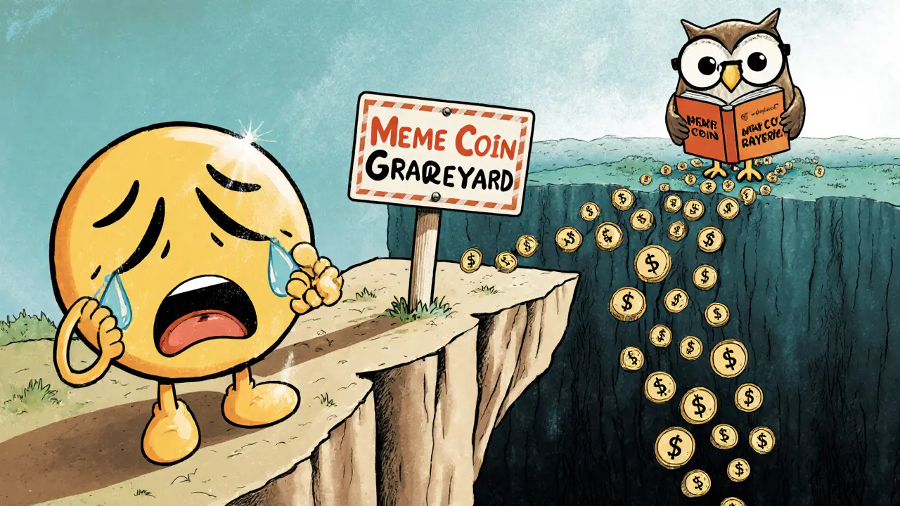 A crying emoji warning sign stands at a cliff&#039;s edge as $BABA tokens tumble into a graveyard abyss.