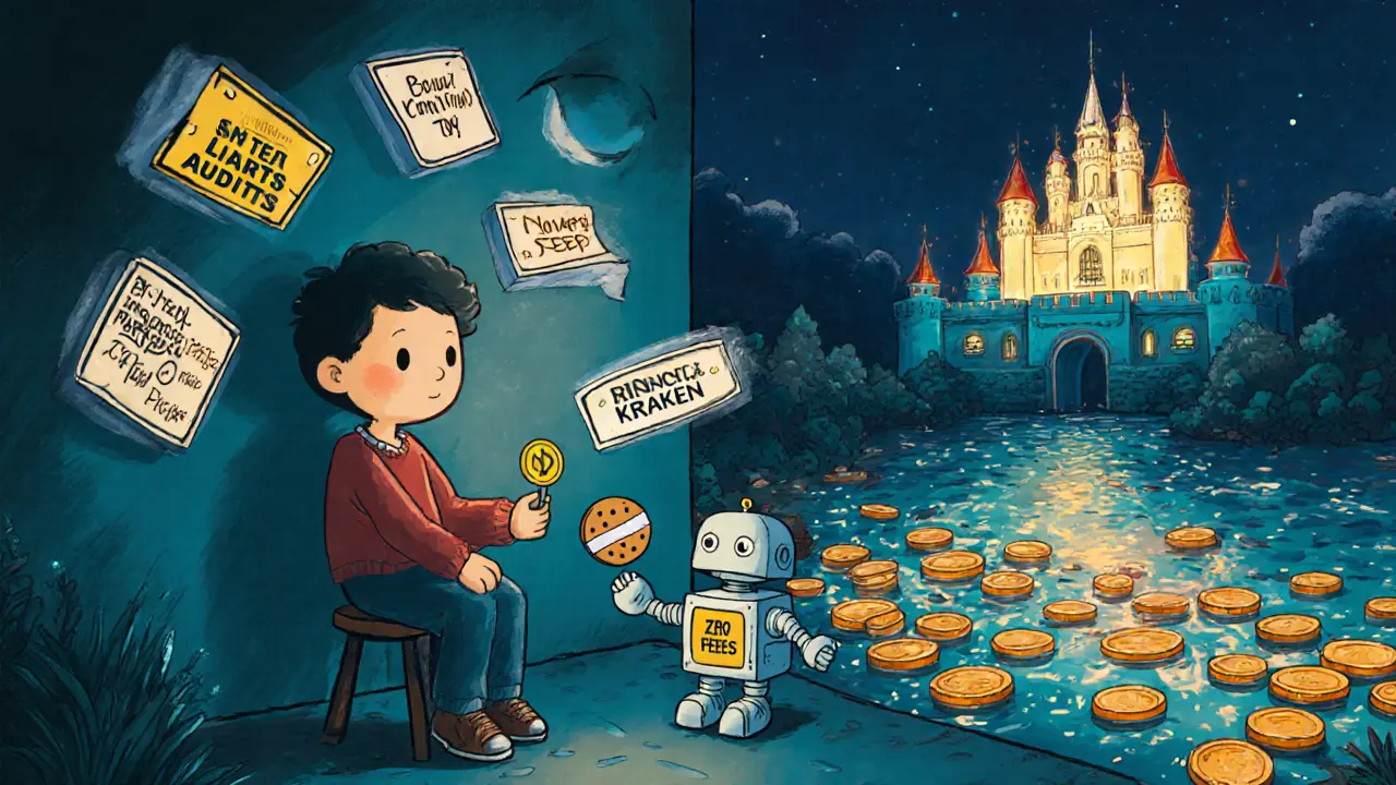 A lonely trader surrounded by warning signs under a dim lantern, holding a SLEX token as a robot offers a &#039;Zero Fees&#039; cookie.