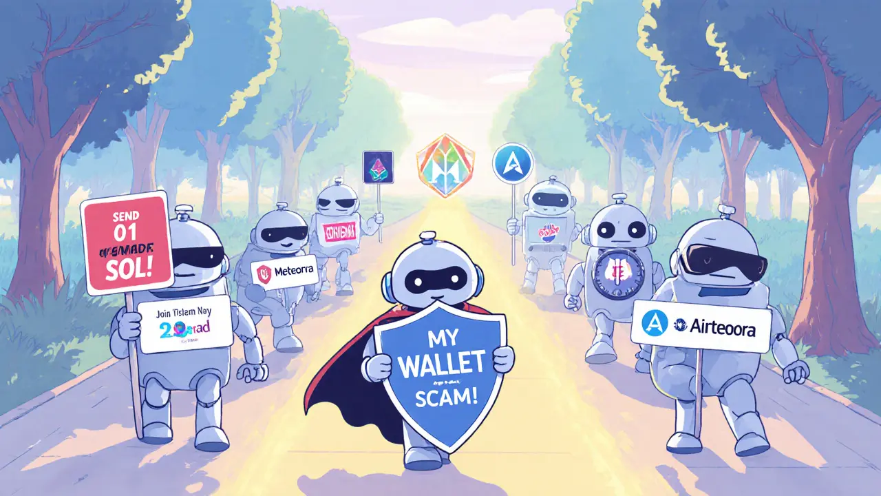 A robot with a wallet shield walks past scam bots, guided toward real airdrop projects like Meteora and Monad on a safe path.
