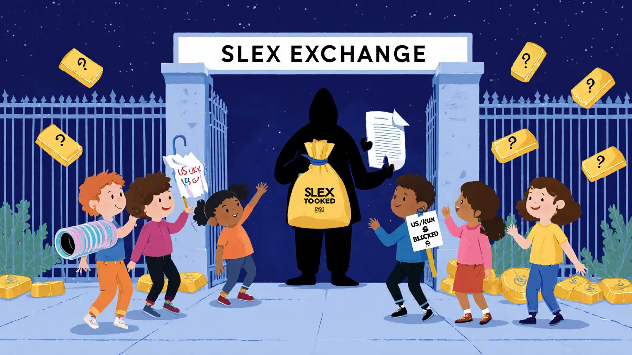 Diverse children trying to enter a locked Slex Exchange gate while a faceless figure holds unverified tokens and a torn whitepaper.