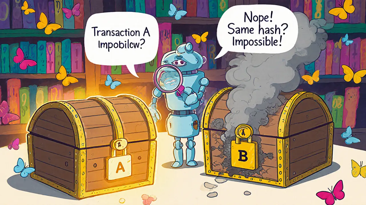 Friendly robot with magnifying glass comparing two treasure chests, one glowing secure, the other leaking smoke, surrounded by number butterflies.