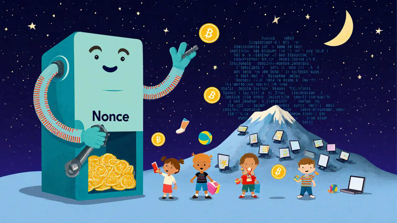 Giant hash machine turning a nonce crank, kids throwing toys in and getting same-size golden coins, computers failing behind.