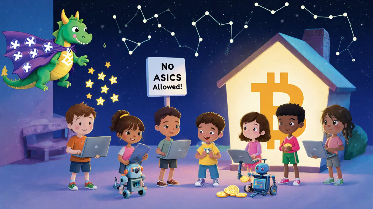 Kids mine Monero with laptops and a friendly dragon miner, surrounded by glowing CPU cores and a warm blockchain house.