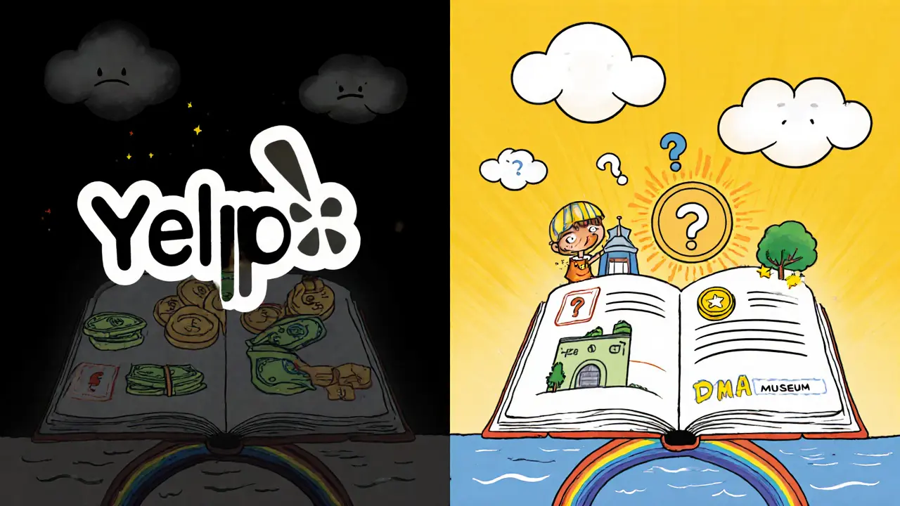 A bright book of real locations contrasts with a dark fake review monster made of stars and money.