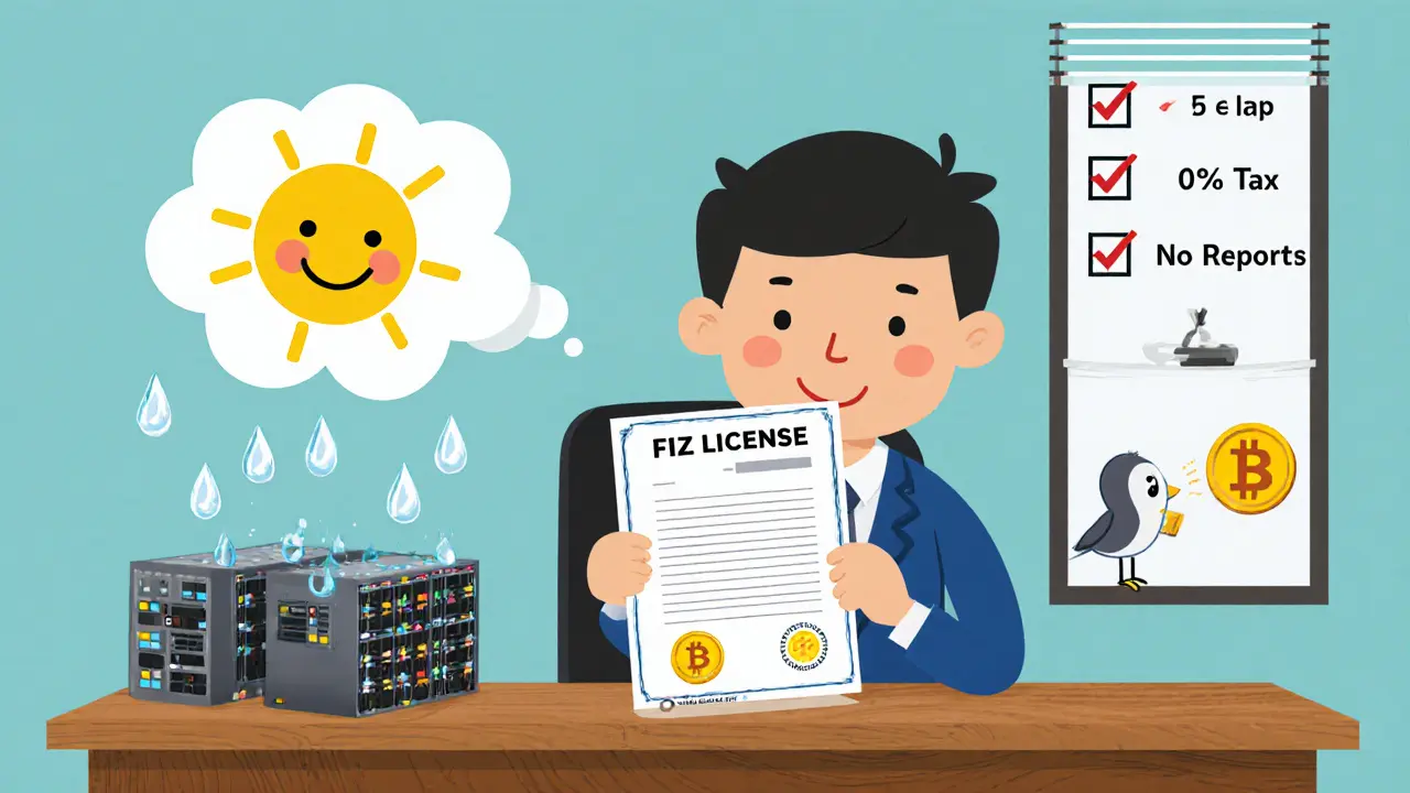 A business owner with a FIZ license and a mini mining farm on their desk.