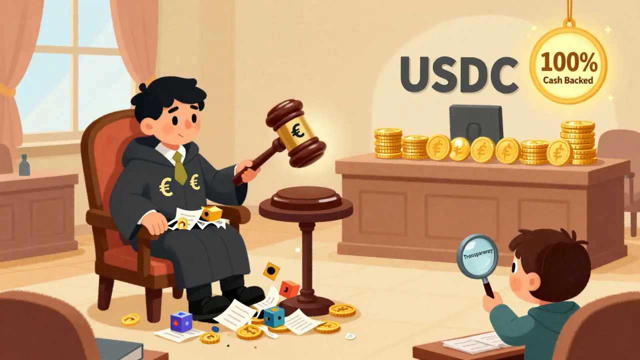 A cartoon courtroom where USDT is surrounded by messy assets and USDC stands proudly with a cash-backed badge.
