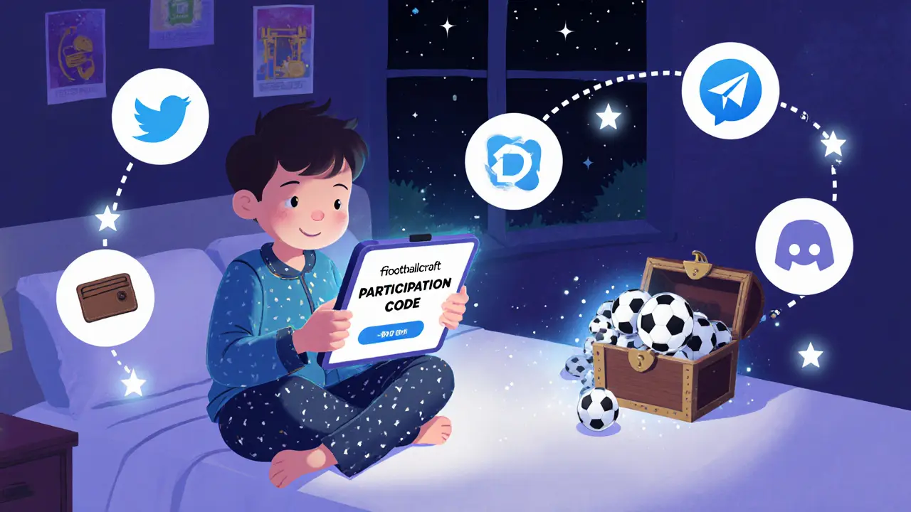 A child using a tablet to enter a participation code, with floating app icons around them.