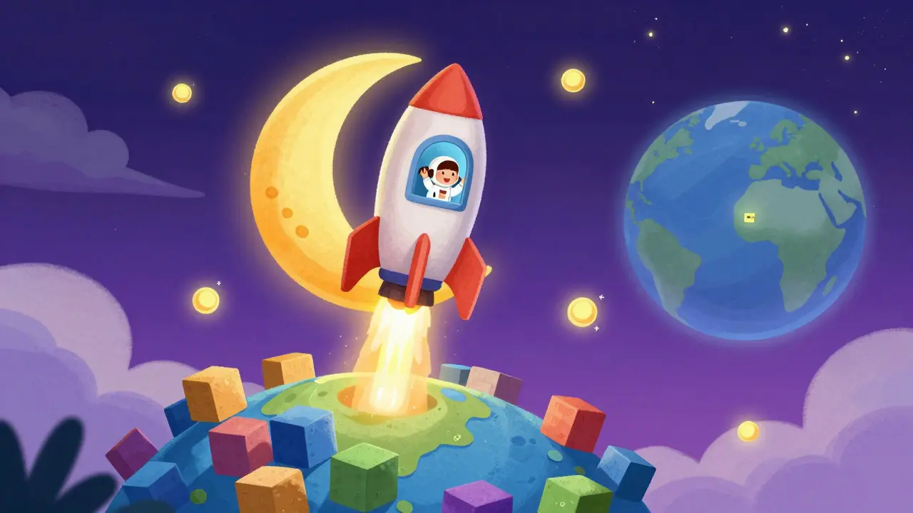 A crescent moon rocket launching from a blockchain planet with floating tokens.