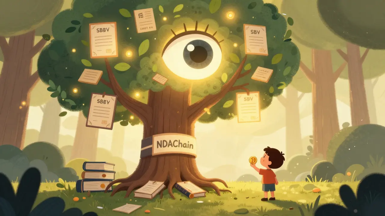 A glowing blockchain tree with digital certificates watched over by an all-seeing eye labeled SBV.