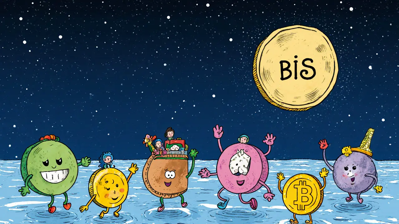 A lonely paper coin labeled &#039;BIIS&#039; floats alone in a digital sky while other tokens happily travel on a blockchain river below.