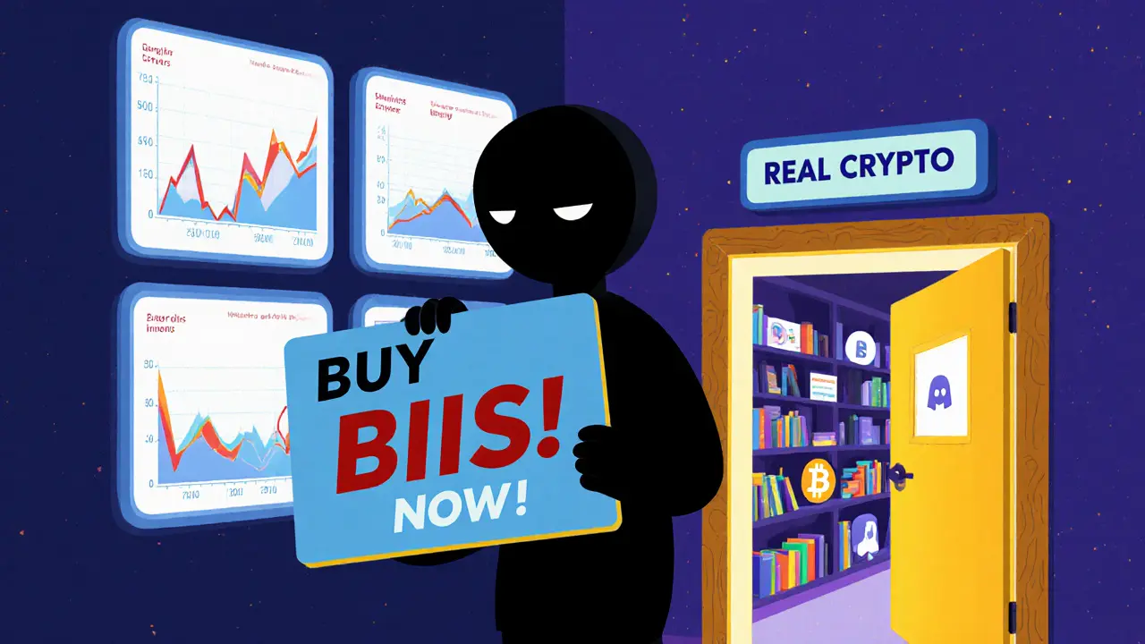 A shadowy figure promotes &#039;BIIS&#039; on fake charts, while a bright door behind him reveals empty spaces where real crypto communities should be.