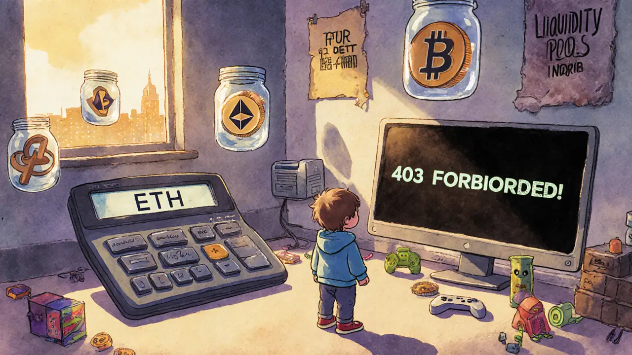 An empty trading floor with trapped crypto tokens and a black screen showing &#039;403 Forbidden&#039;.