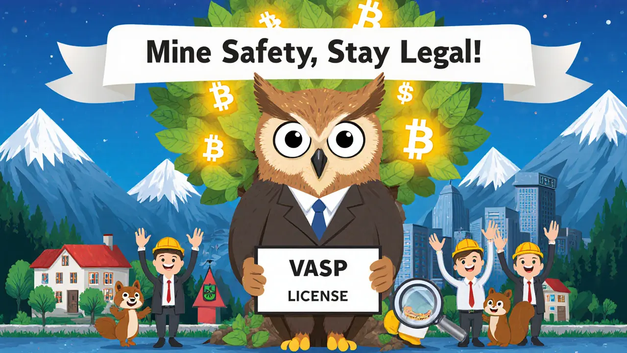 An owl mascot holding a VASP license while miners cheer in the background.
