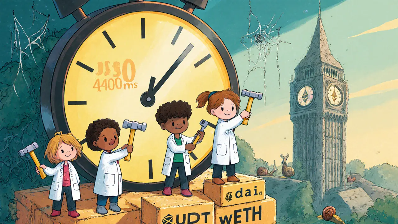Children in lab coats fix a fast clock made of stablecoin bricks while slow snails crawl on Ethereum.