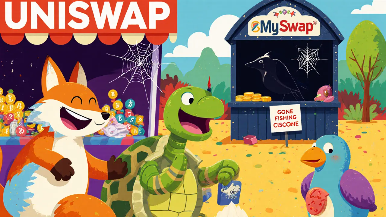 Colorful crypto creatures trade happily at lively markets, while a forgotten MySwap booth sits closed in the background.