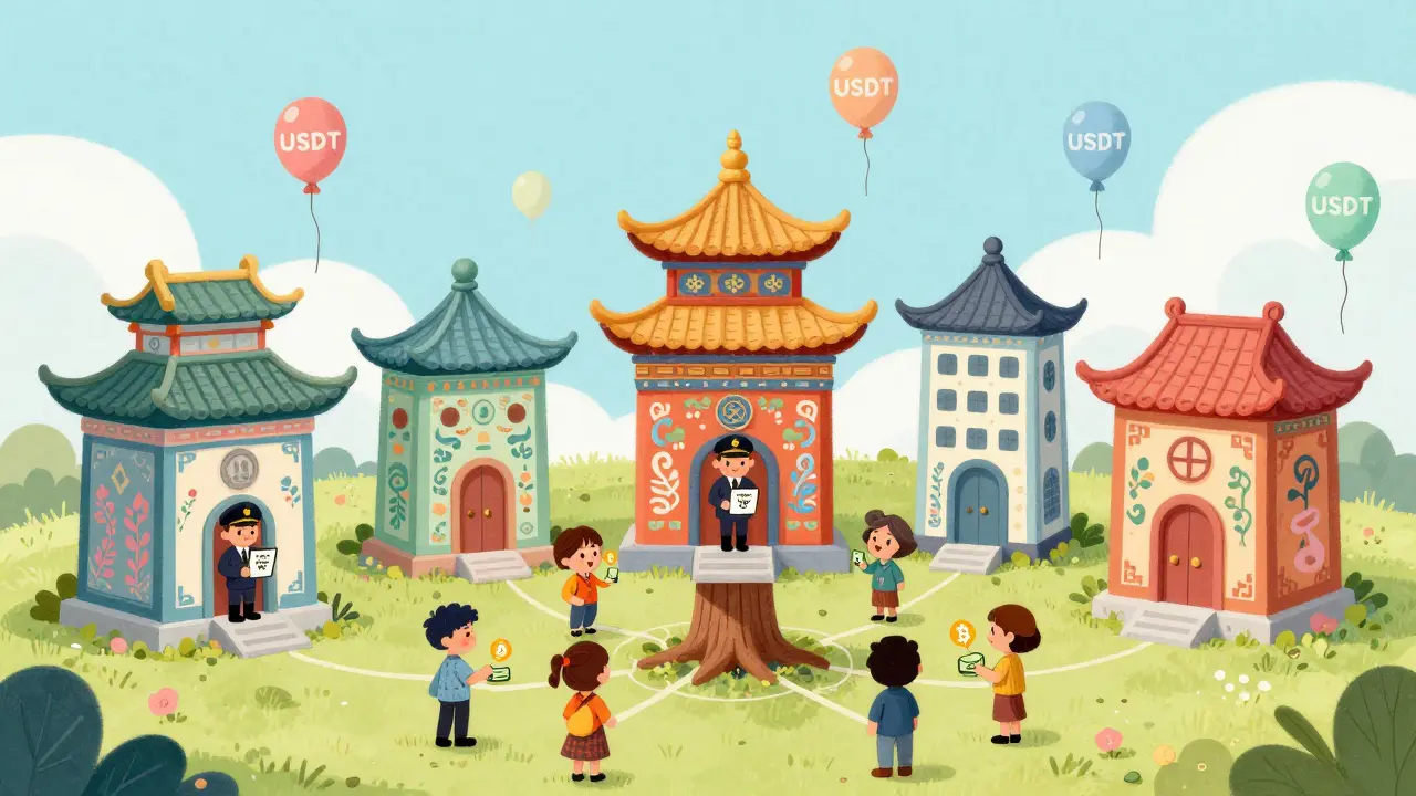 Five pagoda-shaped exchanges guarded by strict clerks, while people trade crypto secretly in a treehouse.