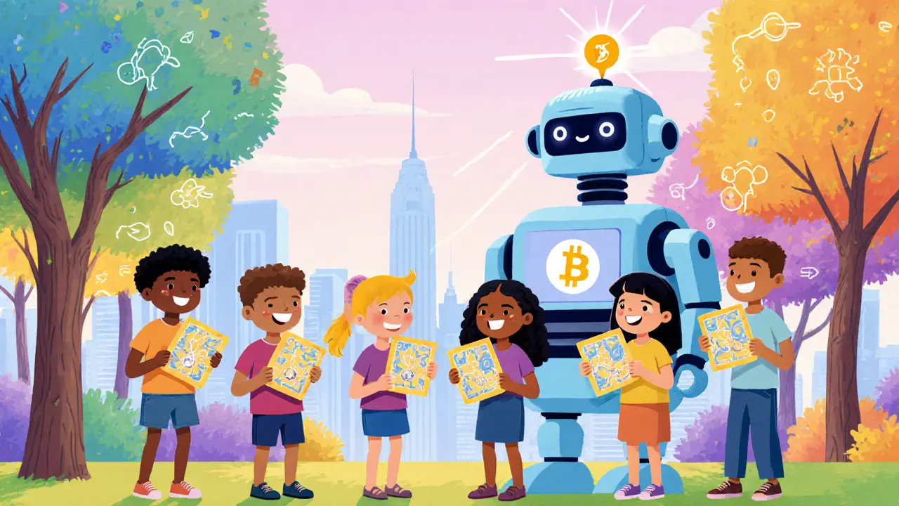 Kids and adults share map-shaped NFTs while a friendly robot verifies their real-world visits.