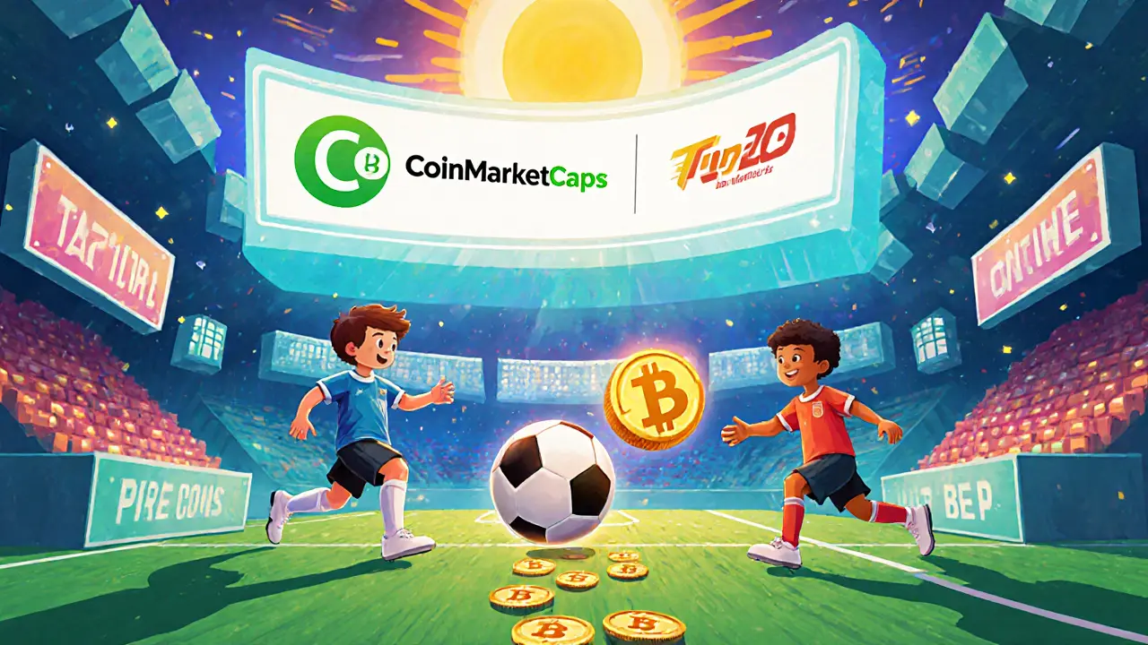 Kids passing a glowing NFT ball in a futuristic stadium with digital logos above.
