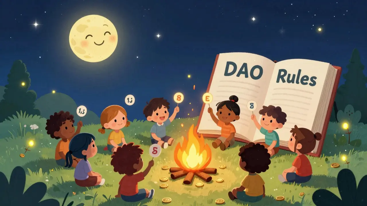 Kids voting with moon ballots around a glowing campfire under a smiling moon.