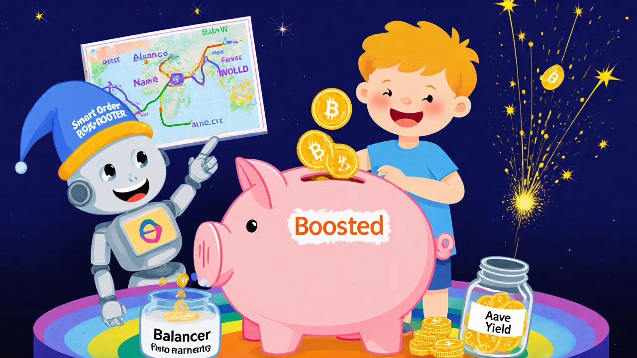 A child depositing coins into a magical piggy bank that splits yield into trading fees and interest sparks.