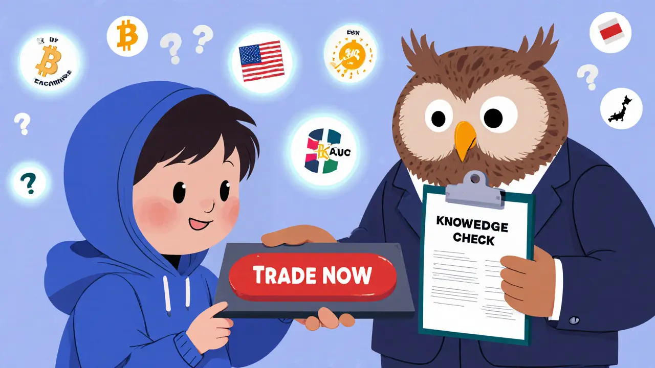 A child is stopped by an owl in a suit from trading crypto without passing a knowledge check.