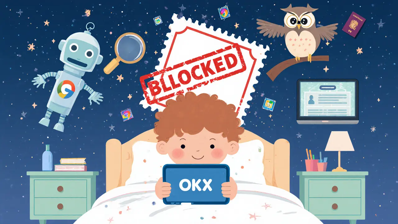 A child trying to log into OKX on a tablet, blocked by a giant red stamp and magical detection tools above.
