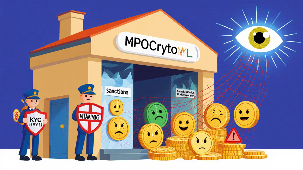 A crypto exchange blocks suspicious coins while an AI eye watches, letting only clean coins enter safely.