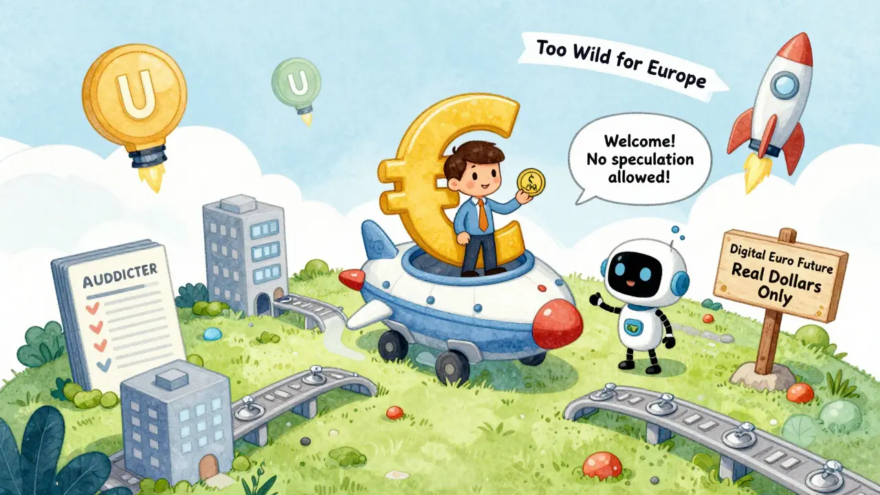 A euro-shaped spaceship lands on EU Compliance Island, where a businessperson is welcomed by a robot guard while USDT and USDC rockets fly away.