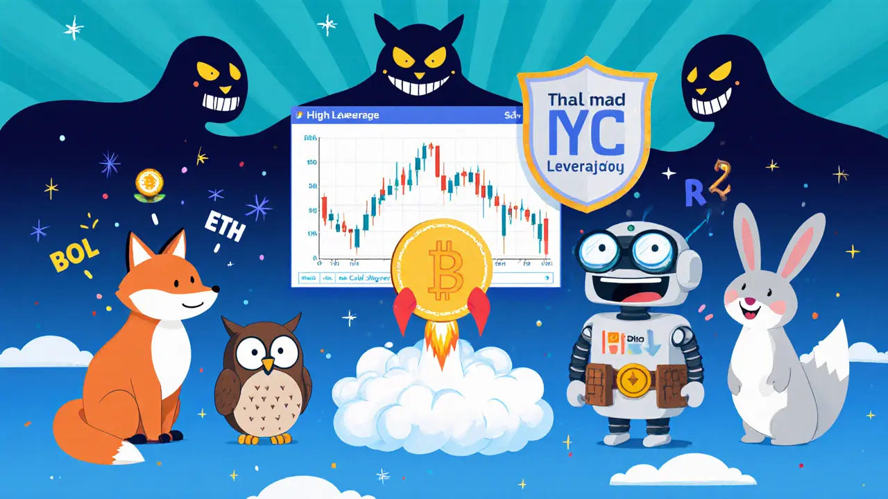 A robot trader uses 150x leverage with a rocket launching from a coin, protected by security shields.