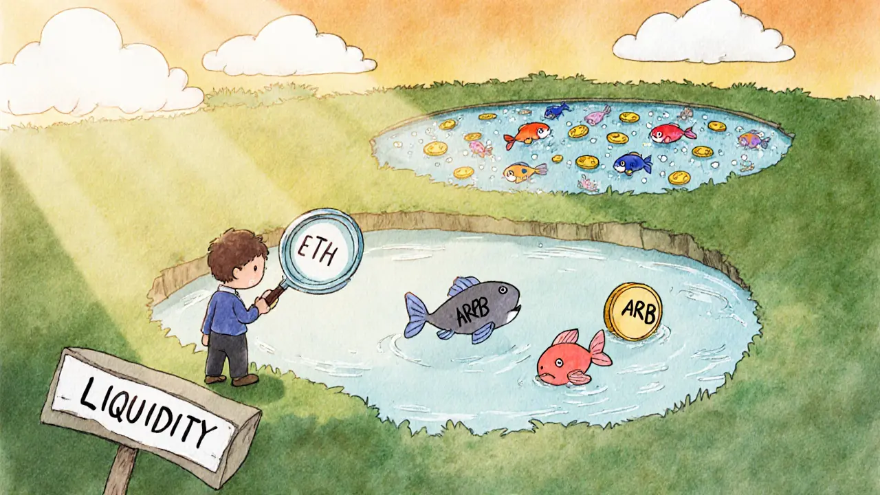 A trader peeks into a nearly empty liquidity pond with just two fish, while a much larger pond sparkles in the distance.