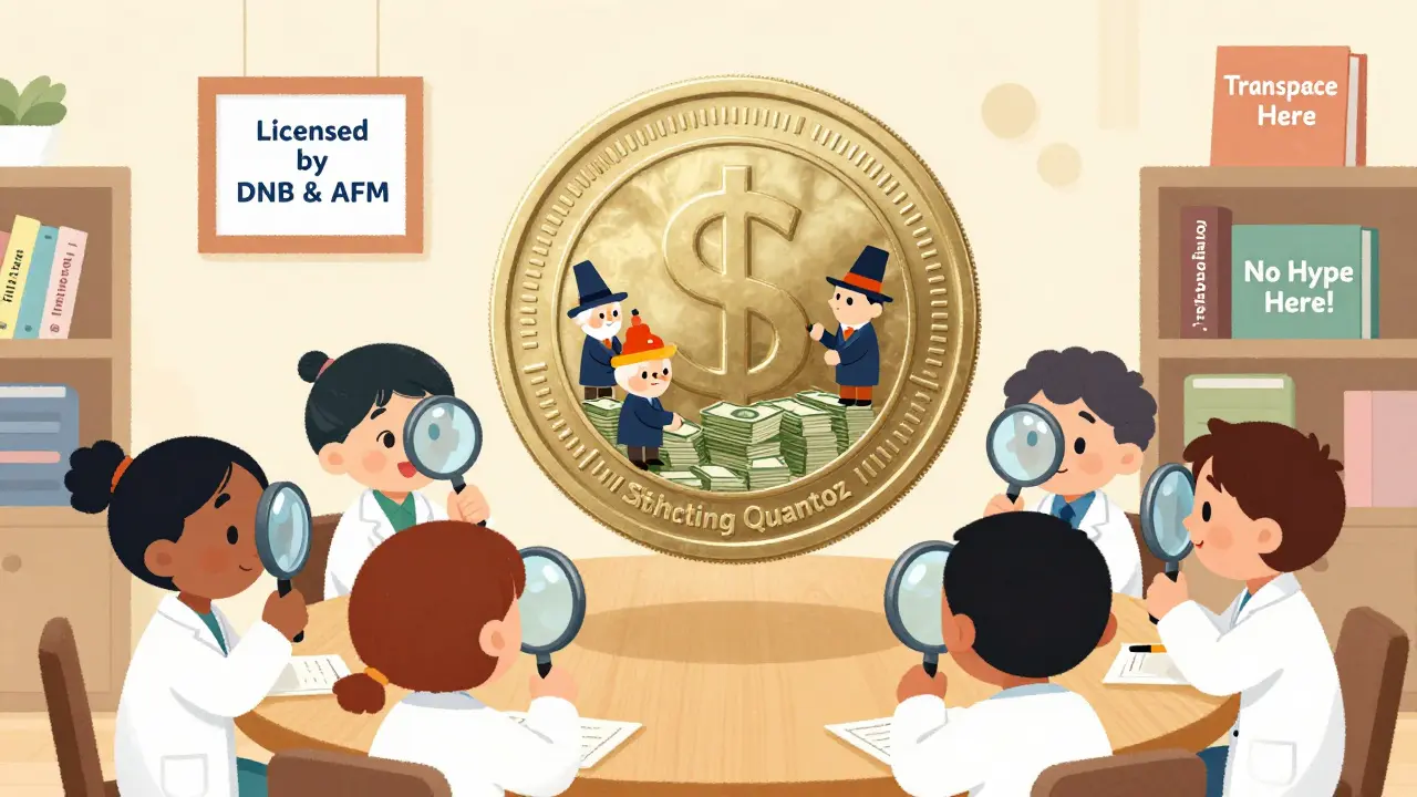 Children in lab coats examine a transparent USDQ coin revealing bankers stacking cash and bonds inside a vault labeled Stichting Quantoz.