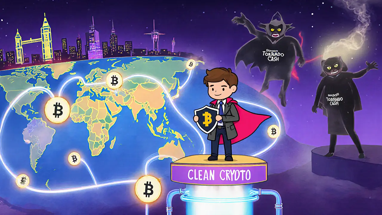 Global agents share blockchain clues on a map as a child stands safely on a clean crypto platform.