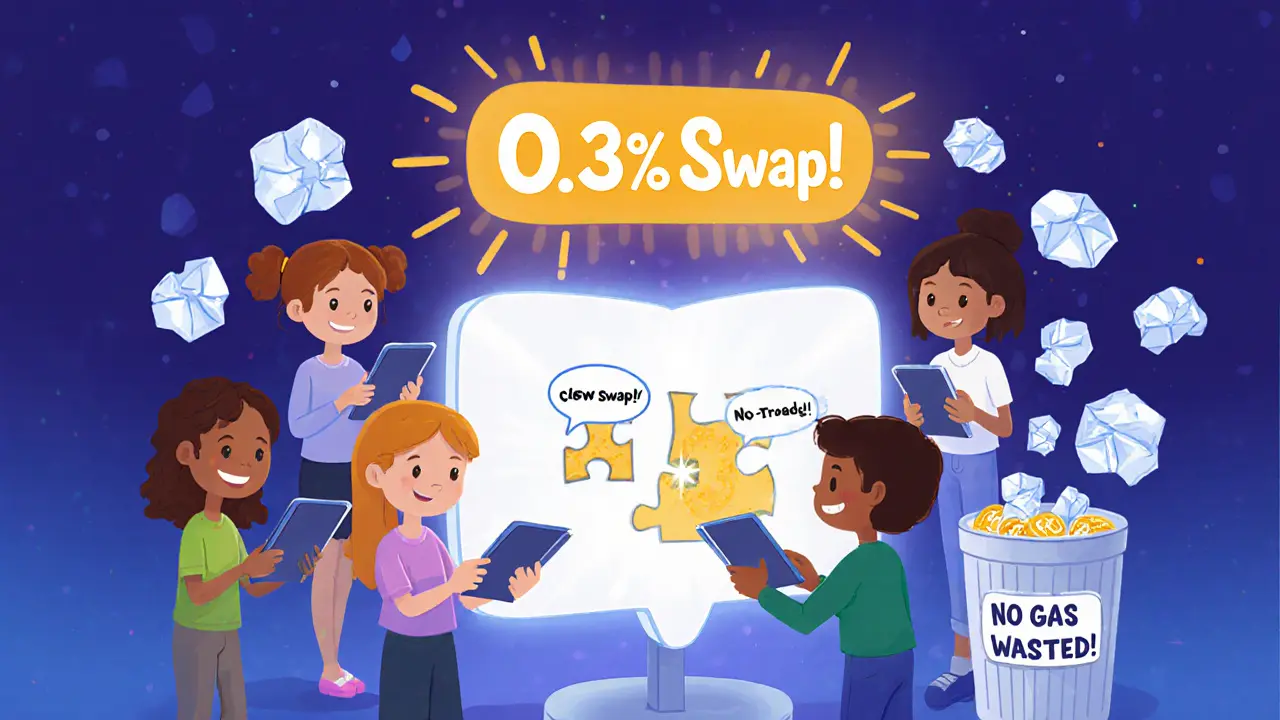 Kids completing a CoW Swap puzzle on glowing tablets, with failed trades in a trash can labeled &#039;No Gas Wasted!&#039;