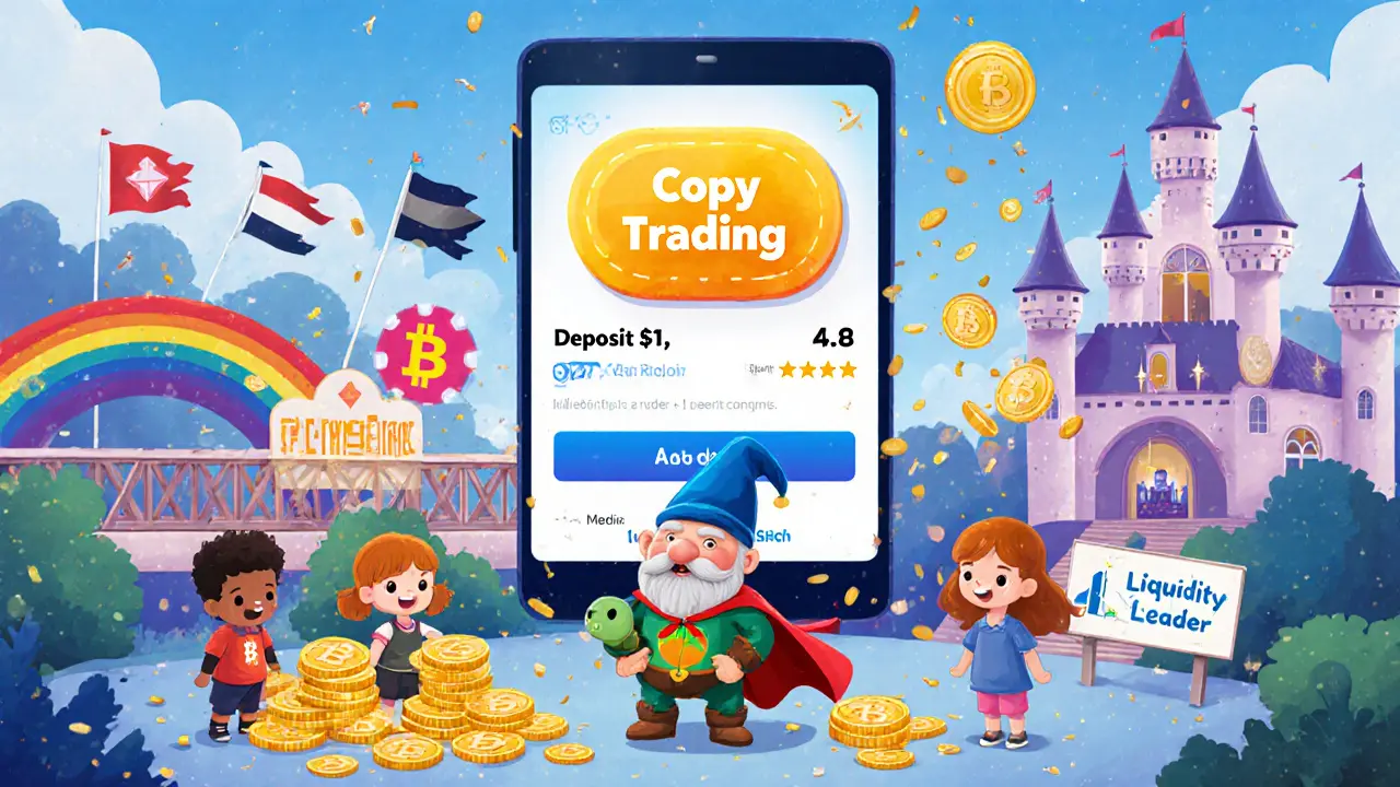 Kids copy trades from a turtle trader in a playful digital playground with coins raining down as rewards.