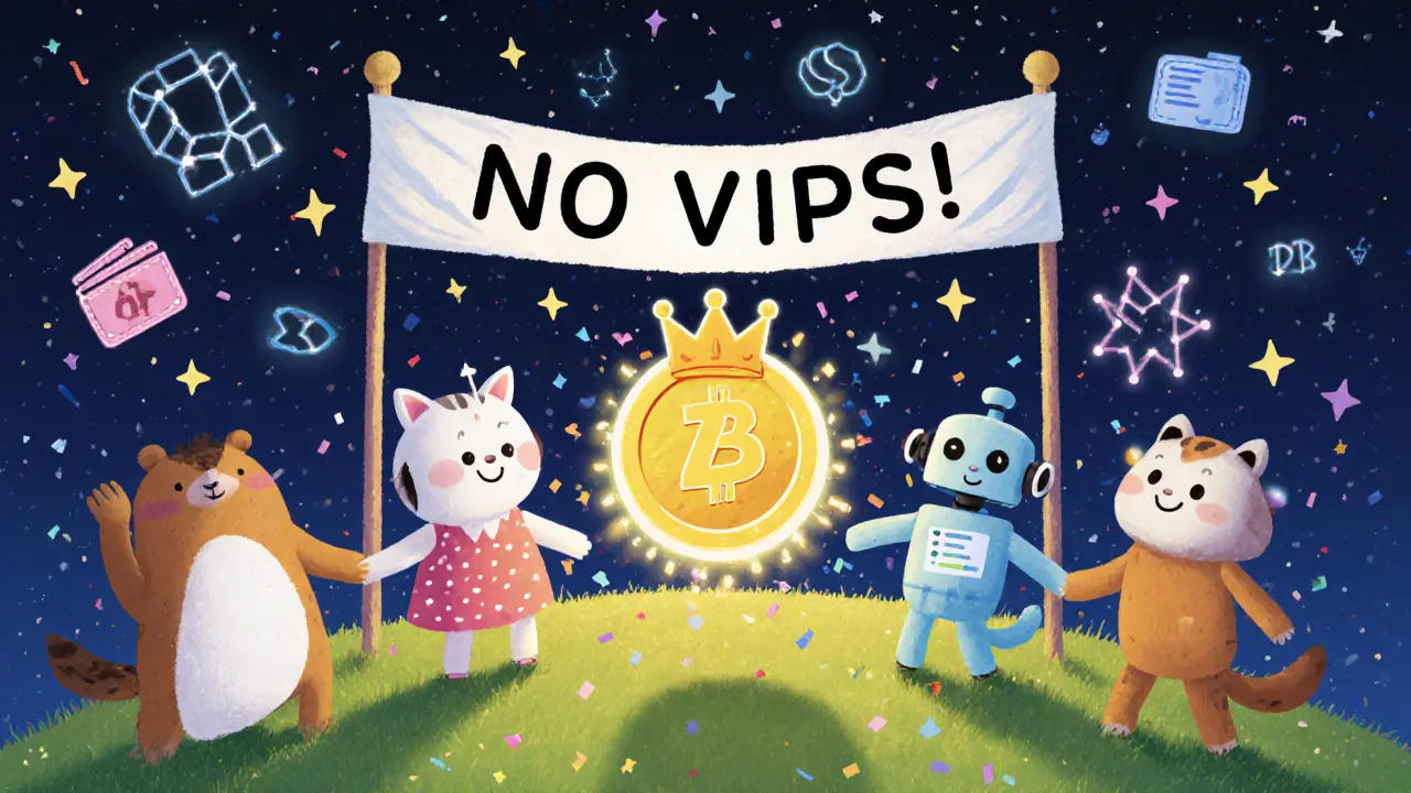 Tokens dance at a fair launch party on a starry hill, with a glowing ZYB crown being passed among animals and robots.
