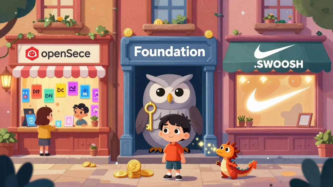 A child explores three themed NFT shops in a magical town: open, guarded, and branded.