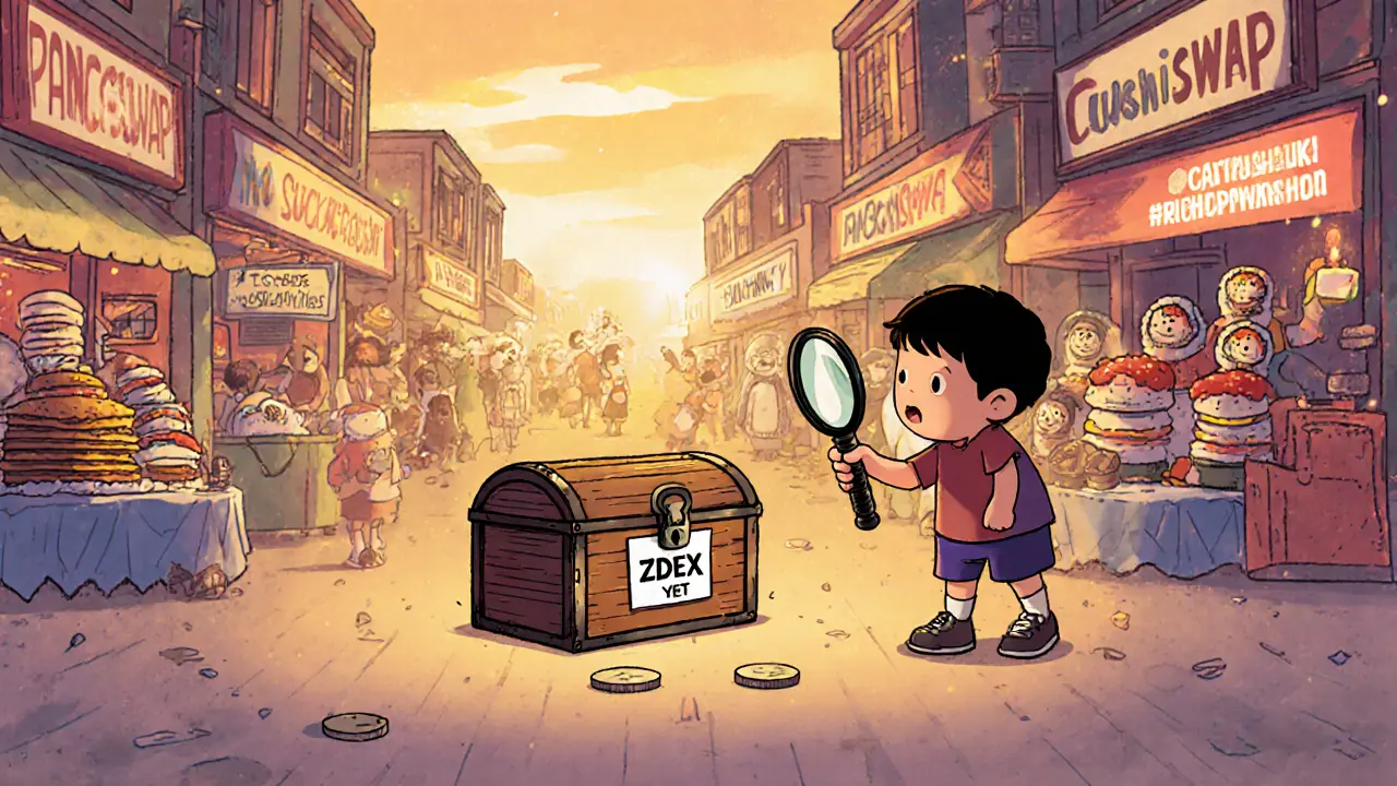 A child looking at a locked treasure chest labeled &#039;ZDEX&#039; with no way to open it, while other crypto markets thrive nearby.