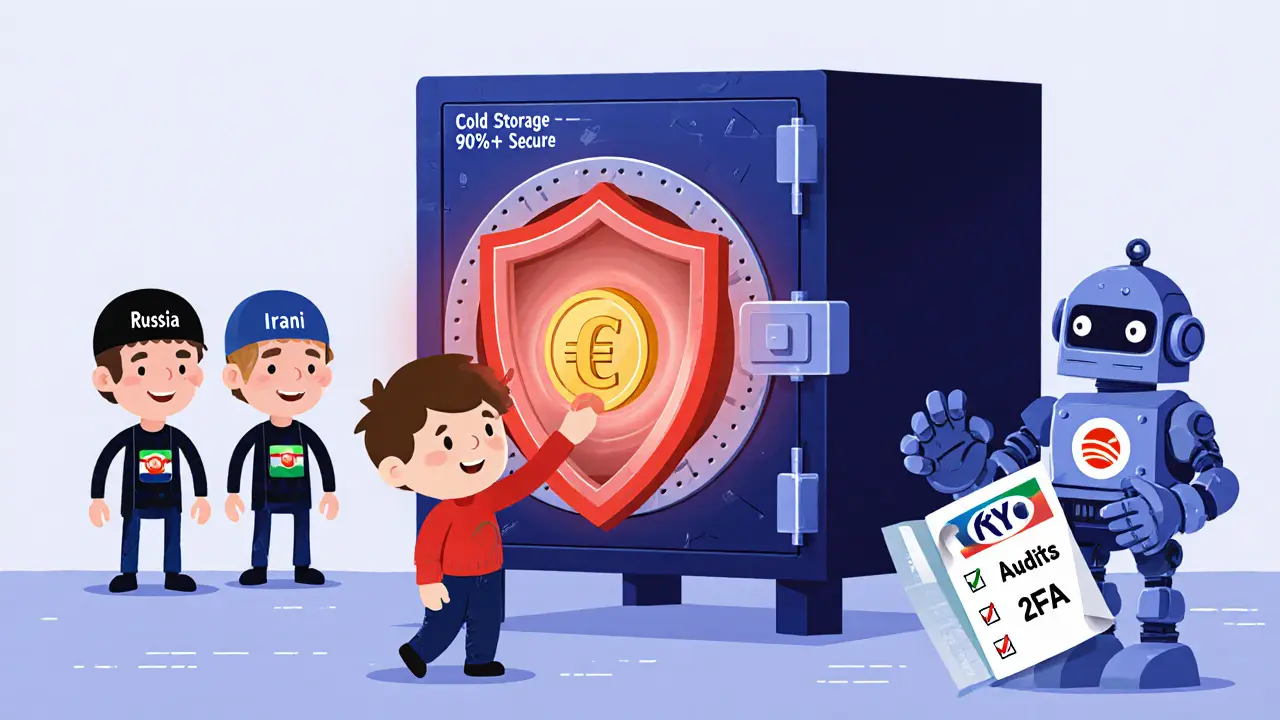 A child places a euro into a secure vault guarded by a shield that blocks hackers with country labels.
