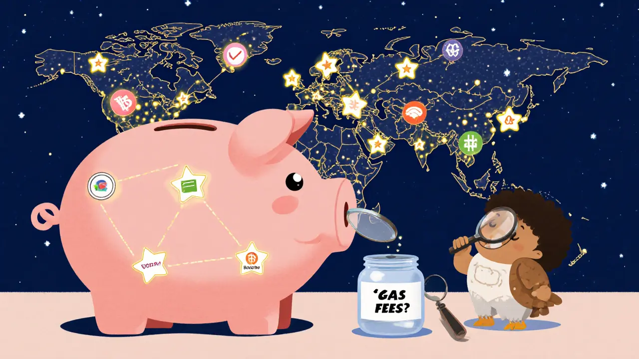 A child puts gas fees into a blockchain-shaped piggy bank while glowing stars represent real crypto actions.