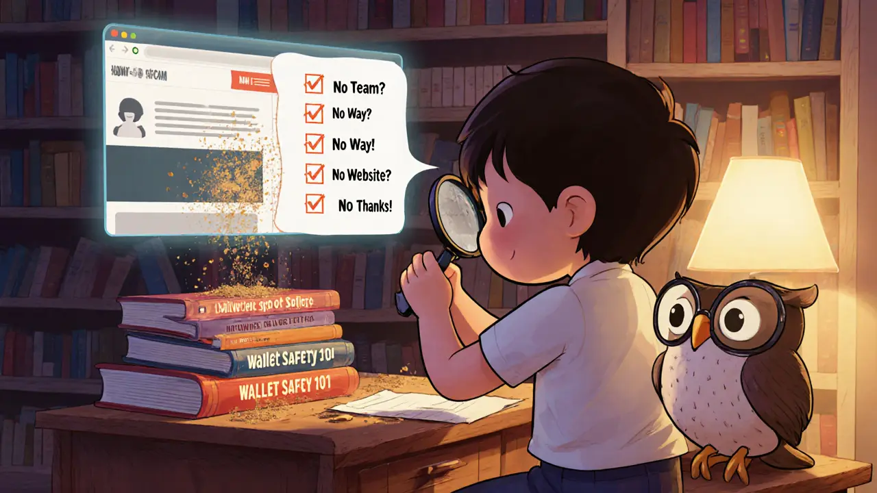 A child uses a magnifying glass to examine a crumbling fake IMM website while a wise owl points to a safety checklist.