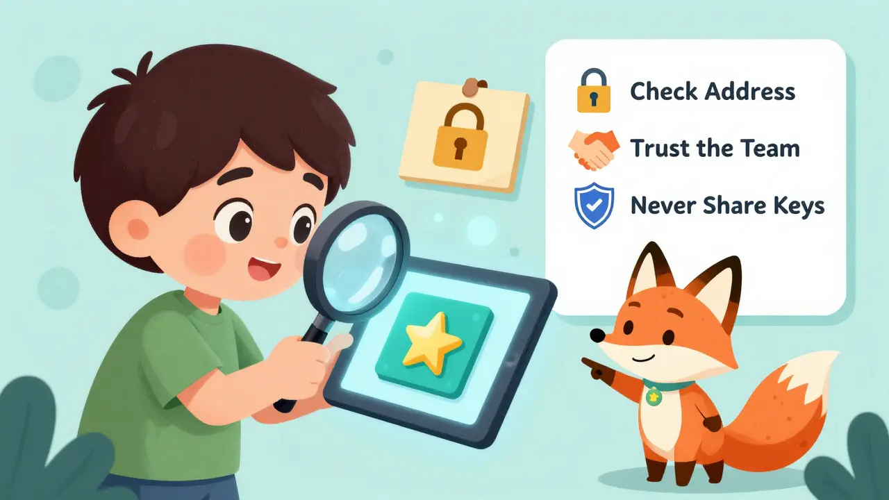 A child uses a magnifying glass to spot fake, disappearing, and verified NFTs with a fox guiding them.