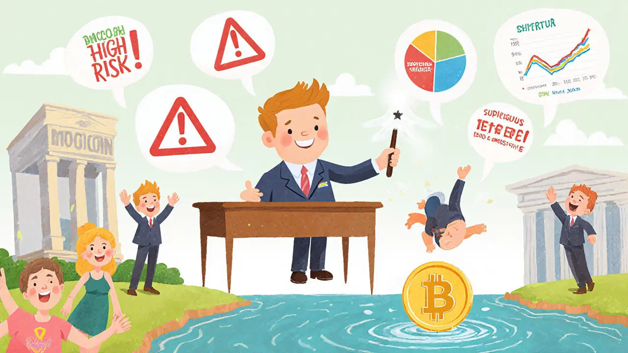 A compliance officer blocks a risky crypto coin with a magic wand before it enters a blockchain river.