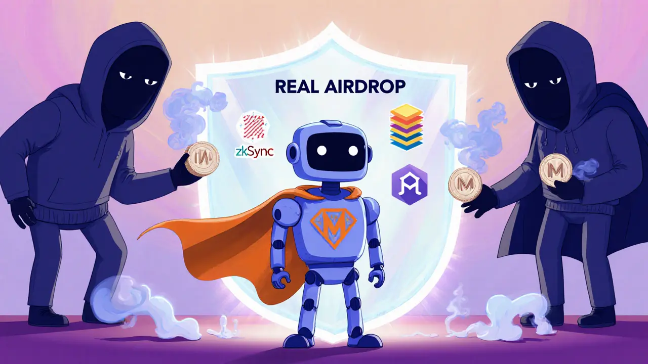 A heroic robot named MetaMask defends a shield with real airdrop logos against shadowy figures trying to steal with fake tokens.