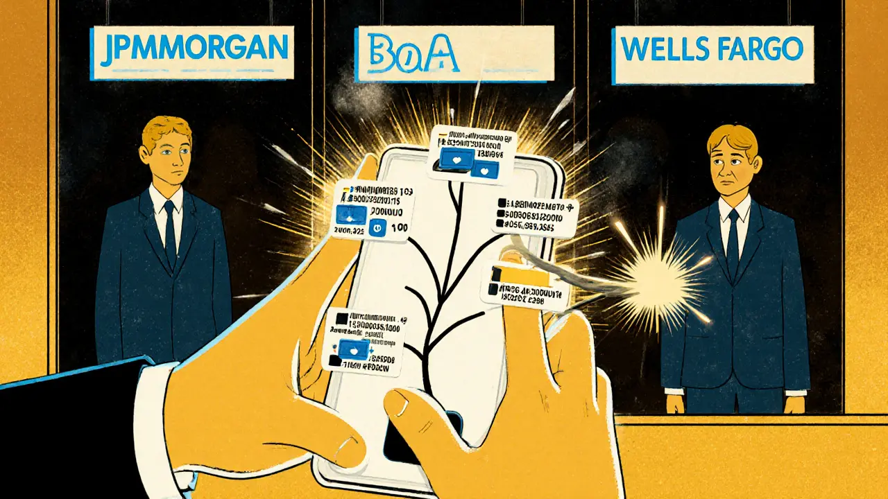 A person holds a smartphone with a blockchain tree; one black branch sparks as corporate figures watch.