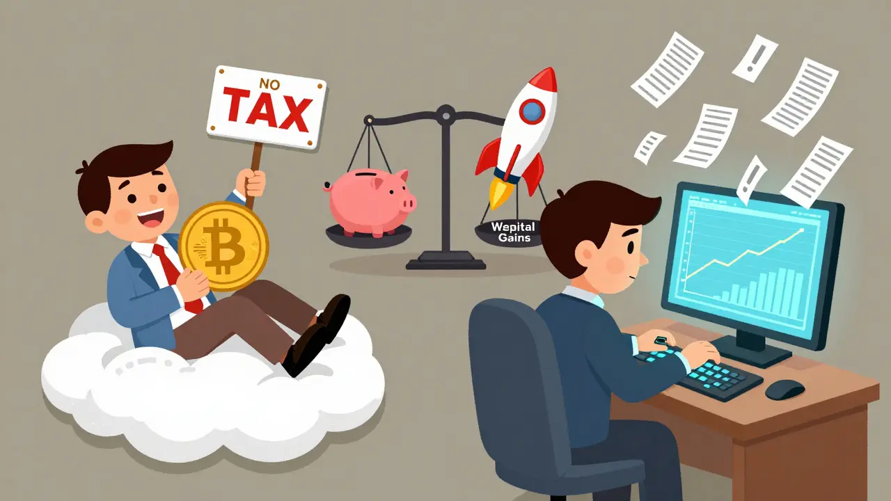 A private investor on a cloud with &#039;NO TAX&#039; vs. a trader overwhelmed by tax bills, separated by a wealth vs. gains scale.