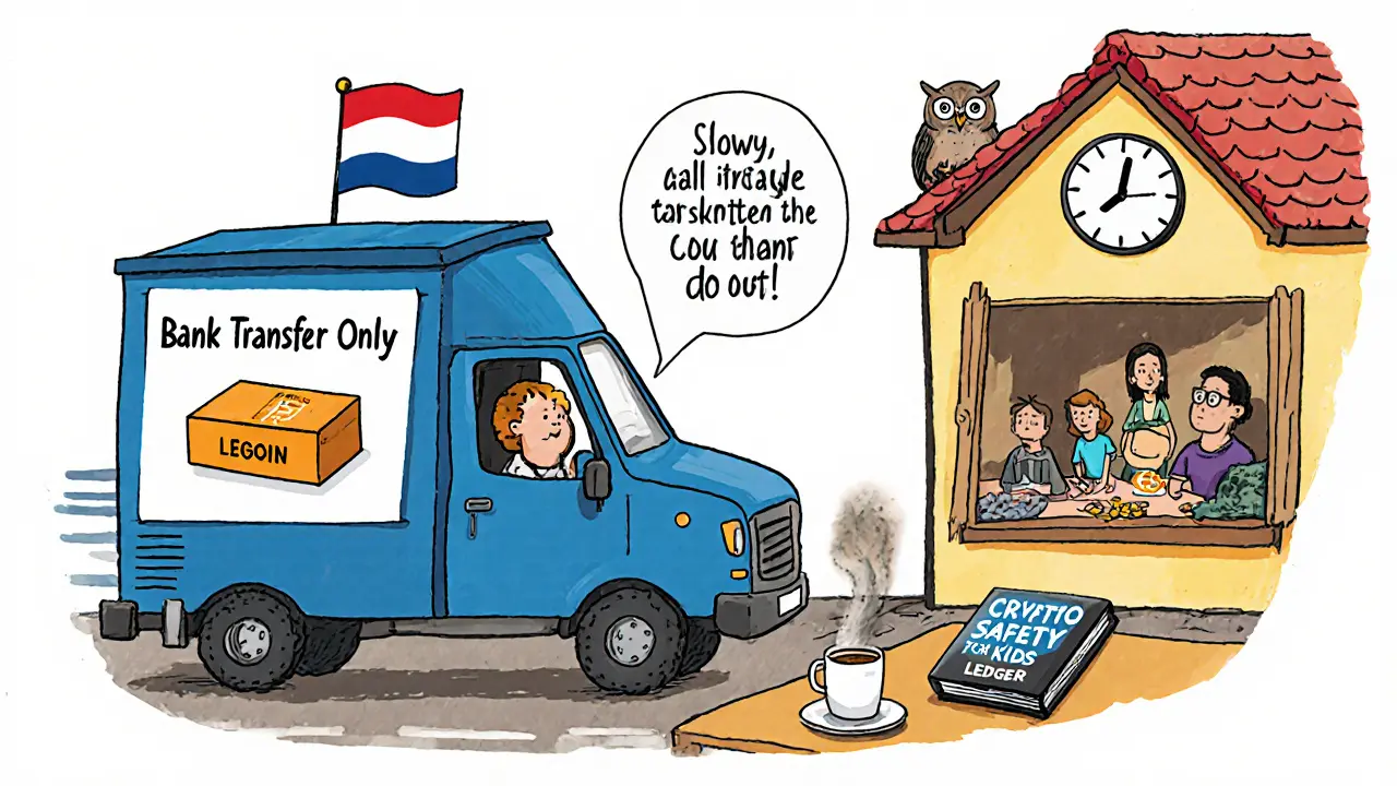 A slow postal truck delivers Bitcoin to a Dutch home while a wise owl watches, emphasizing patience and safety.