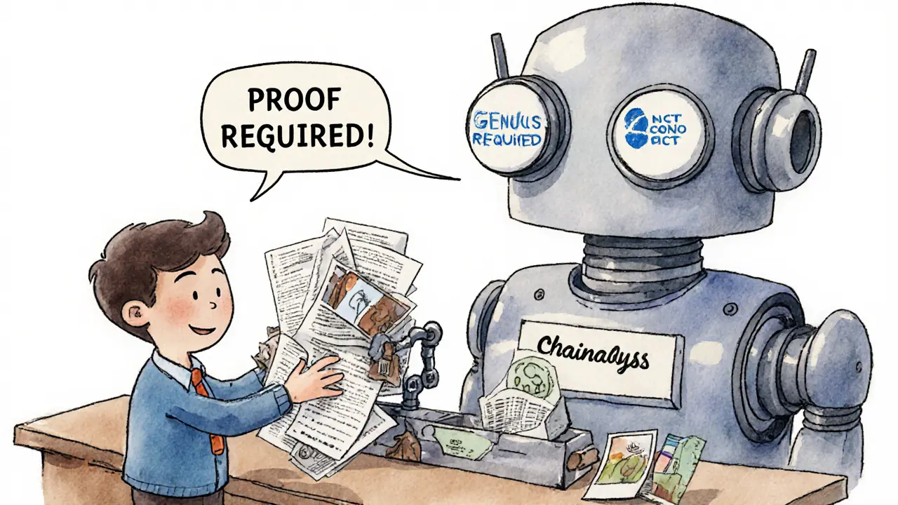 A small business owner offers receipts to a robot teller labeled &#039;Chainalysis&#039;, papers being crushed.