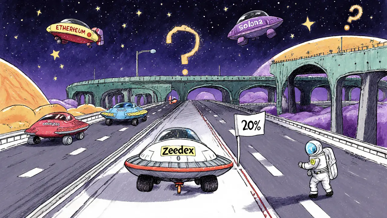 A small spaceship stuck on a single road while other spacecraft travel on multi-chain highways with bridges and portals.